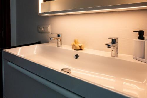 a white sink in a bathroom with a mirror at Chez Marraine Suzanne in Liège