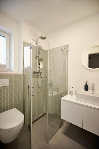 a bathroom with a shower and a toilet and a sink at Villa Gold II in Fehmarn