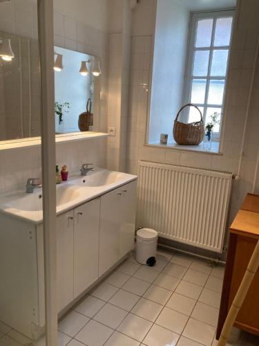 a bathroom with a sink and a mirror and a window at Conciergerie du château in Gevingey