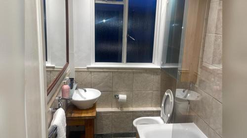 プラムステッドにあるModern one bed heart of Greenwichの洗面台、トイレ、窓のあるバスルーム