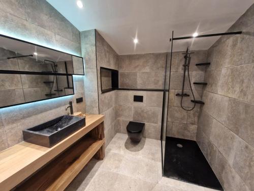 un bagno con lavandino e doccia di MAISON DE CARACTERE AVEC PISCINE a Sartène