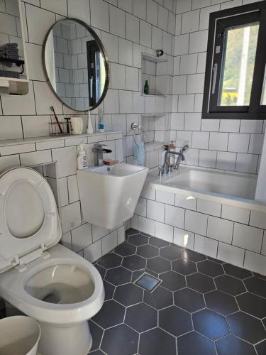 a bathroom with a toilet and a sink and a mirror at Amsan House in Andong