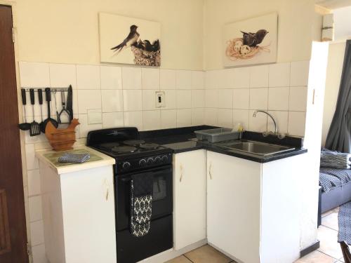 a kitchen with a black stove and a sink at Hills and Dales Accommodation in Lanseria