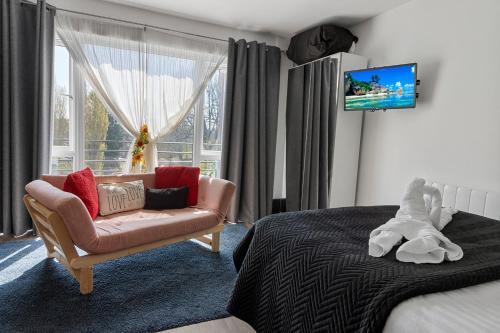 a bedroom with a bed and a chair and a tv at City Centre Studio Apartments - Eden Apartment - Short Stays UK Ltd in Exeter