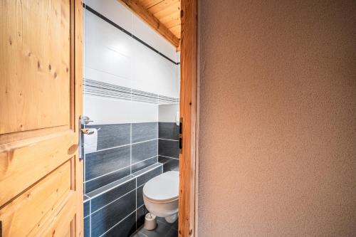 a bathroom with a toilet and a wooden door at La Flèche d'Or in Châtel