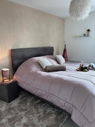 une chambre avec un grand lit avec une couverture rose dans l'établissement Appartement standing tout confort vue mer, à Marseille