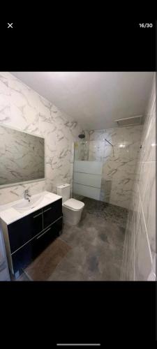 une salle de bain avec un lavabo et des toilettes dans l'établissement Villa dusud perpignan, à Pia