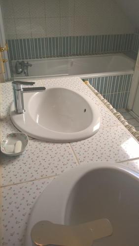 une salle de bain avec un lavabo et une baignoire dans l'établissement Longère entre mer et campagne avec piscine, à Pluguffan