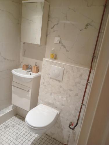 une salle de bain blanche avec des toilettes et un lavabo dans l'établissement Chambre proche centre ville, à Paris