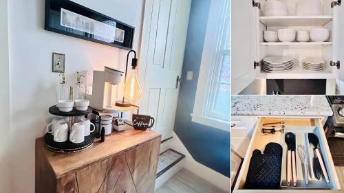 a kitchen with a sink and a counter with dishes at Hollywood Glam Themed Manor with Sauna for 12-People in Lancaster