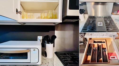 a kitchen with a counter top with a microwave at Hollywood Glam Themed Manor with Sauna for 12-People in Lancaster
