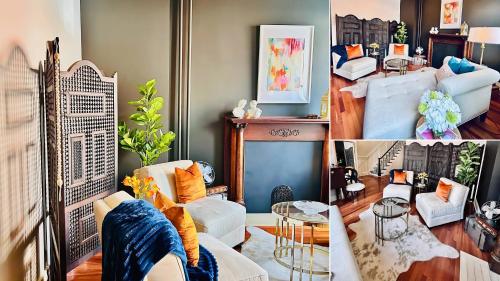 a living room with a couch and a fireplace at Hollywood Glam Themed Manor with Sauna for 12-People in Lancaster