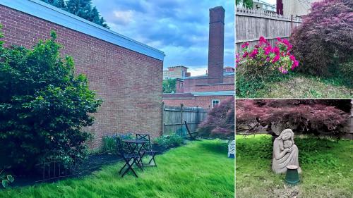 three pictures of a garden with a statue in the grass at Hollywood Glam Themed Manor with Sauna for 12-People in Lancaster