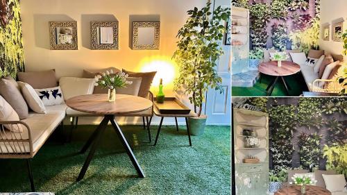 a room with a couch and a table with plants at Hollywood Glam Themed Manor with Sauna for 12-People in Lancaster