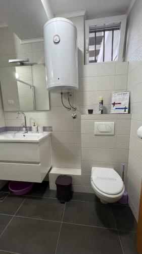 Lilikoi Apartment في موستار: حمام مزود بمغسلة ومرحاض ومرآة