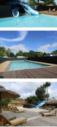 - deux photos d'une piscine avec un complexe dans l'établissement Agréable mobil home, à Mimizan