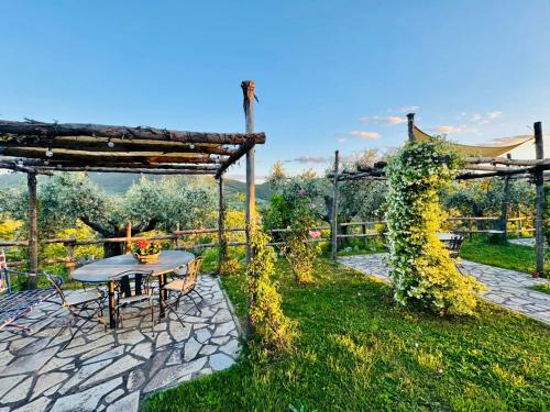 a table and chairs in a garden with vines at Agriturismo La Terrazza su Farfa in Castelnuovo di Farfa