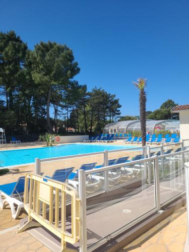 - une piscine avec des chaises longues et un palmier dans l'établissement MH 3 chambres au coeur du camping Bois Dormant 90, à Saint-Jean-de-Monts