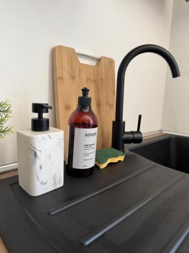 ブールジュにあるCharmant Appartement au Coeur de Bourges 24の洗面台の横のカウンターに座る石鹸