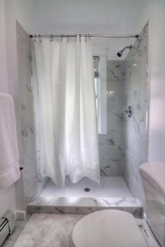 a white bathroom with a shower and a toilet at Cozy two bedroom home close to everything in Amsterdam