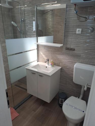 a bathroom with a sink and a toilet and a shower at Apartmani Frane in Seline
