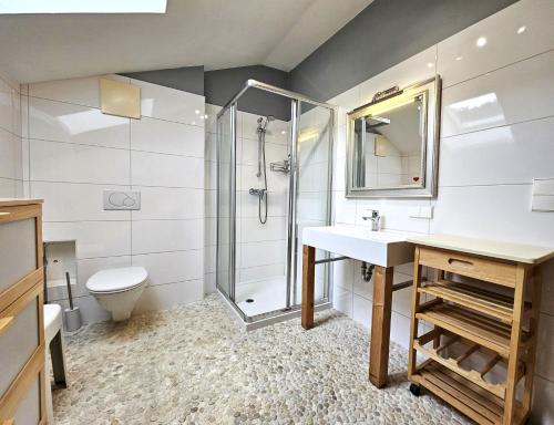 a bathroom with a shower and a sink and a toilet at Haus Klinsterwald in Sankt Oswald