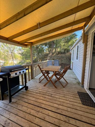 une terrasse en bois avec un grill et une table de pique-nique dans l'établissement Au coeur de la pinède, à Camiers