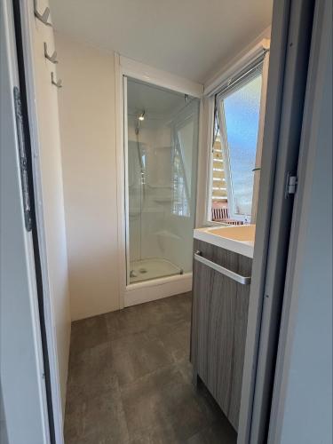 une salle de bain avec une douche et un lavabo et une fenêtre dans l'établissement Au coeur de la pinède, à Camiers