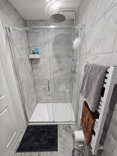 a shower with a glass door in a bathroom at Fantastic 4 Apartments in Dagenham Dock