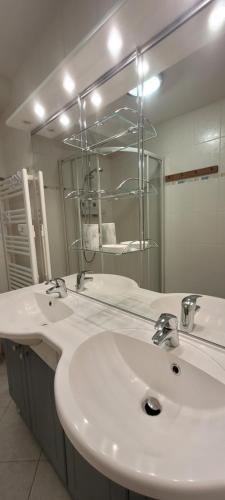 une salle de bain avec deux lavabos et un grand miroir dans l'établissement Apartement avec vue montagnes, à Habère-Poche