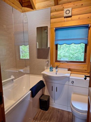 a bathroom with a sink and a tub and a toilet at Springburncabins in Elgin