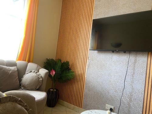 a living room with a couch and a flat screen tv at Shikaz Homes Two bedroom in Nairobi