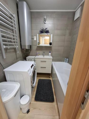 a bathroom with a washing machine and a bath tub at Levendula2 Apartman Bükkszentkereszt in Bükkszentkereszt