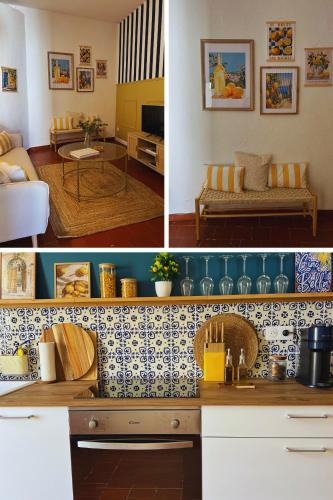 trois photos d'une cuisine et d'un salon dans l'établissement Le Sicile, à Lespignan