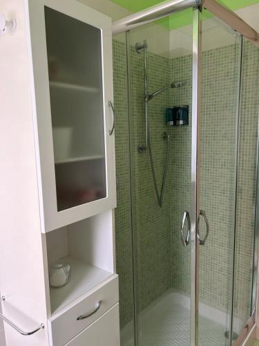 a bathroom with a shower with a glass door at Casa di Amalia 14 in Biella