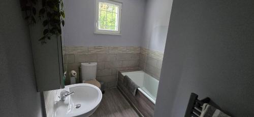 a bathroom with a sink and a toilet and a tub at Accesible countryside retreat with private garden and all modern facilities in Chassenon