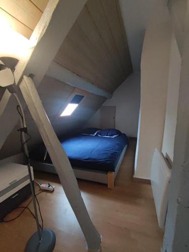 - une chambre mansardée avec un lit bleu dans l'établissement Hyper centre les martelos, à Besançon