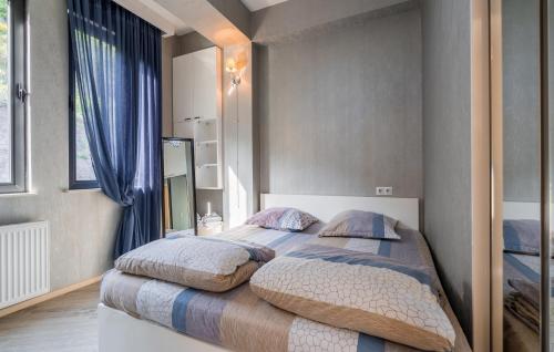 a bedroom with a large bed with blue curtains at Luxury House in Tbilisi City