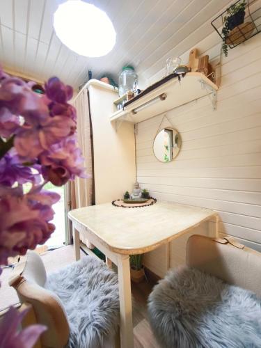 a small room with a table and a mirror at Ekokemp Lipa in Štiavnické Bane