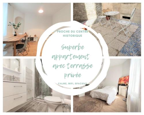 un collage de photos d'une cuisine et d'une salle de bains dans l'établissement Logement COSY proche centre-ville - WiFi, à Dijon