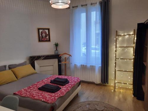 - un salon avec un lit et 2 serviettes dans l'établissement Logement COSY proche centre-ville - WiFi, à Dijon