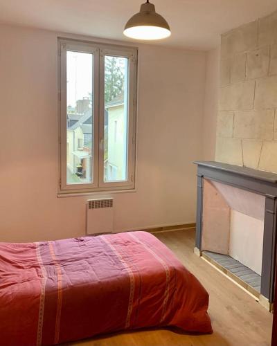 - une chambre avec un lit, une cheminée et une fenêtre dans l'établissement Appartement centre ville Chateau-Renault, à Château-Renault