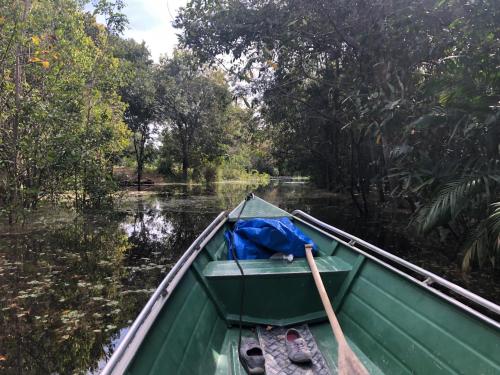 a green boat on a river with a paddle at Curupira Amazon Lodge - Private Jungle Tour, River Tour or Great Adventure Tour Included in the Walking Safari Price in Iranduba