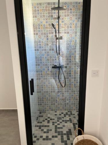 une douche avec une porte vitrée dans une salle de bain dans l'établissement Villa cosy lina, à Gallargues-le-Montueux