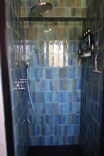 une salle de bain avec douche aux carreaux bleus dans l'établissement Les jardins de Bandol, piscine privée, belle vue mer, à Bandol