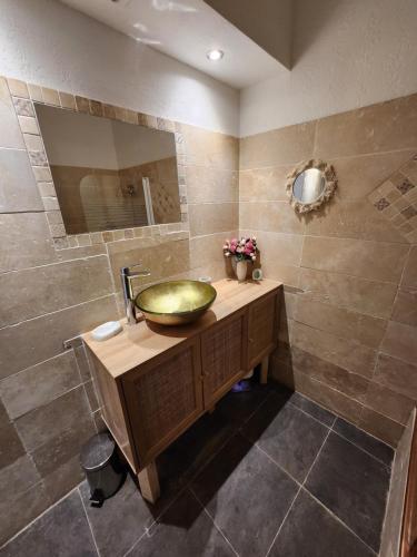 un baño con lavabo y espejo en Le nid douillet, en Saint-Étienne-de-Tinée