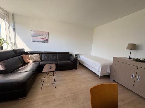 un soggiorno con divano nero e letto di Midnight Sun Apartment a Reykjavik