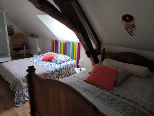 a bedroom with two beds in a attic at La Bruyère - B & B - in Tréban