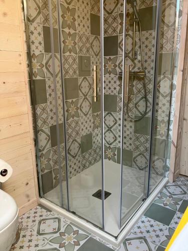 a shower with a glass door in a bathroom at Le Moline b&b in Masserano