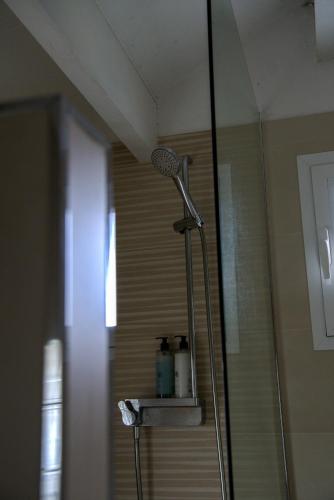 a shower with a glass door in a bathroom at Agroturismo Binissafullet Vell in Sant Lluis